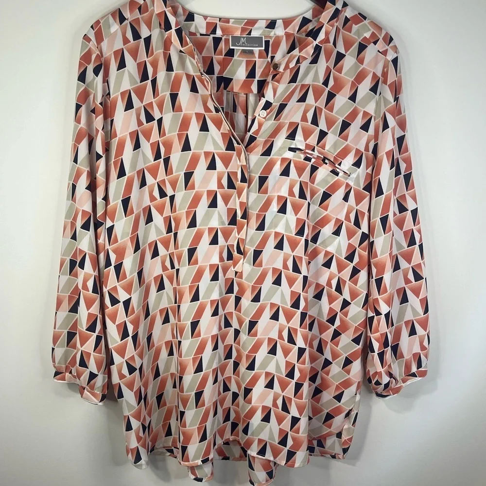 JM Collection Geometric Print Blouse in Orange and Black - Picture 2 of 8